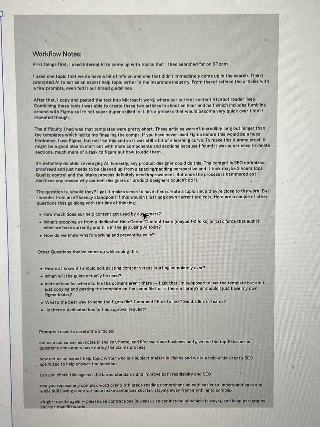 Workflow notes and AI prompt documentation